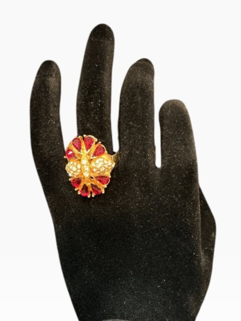 Vintage Red Clear Rhinestone Butterfly Statement Ring Gold Tone Adjustable 6.5